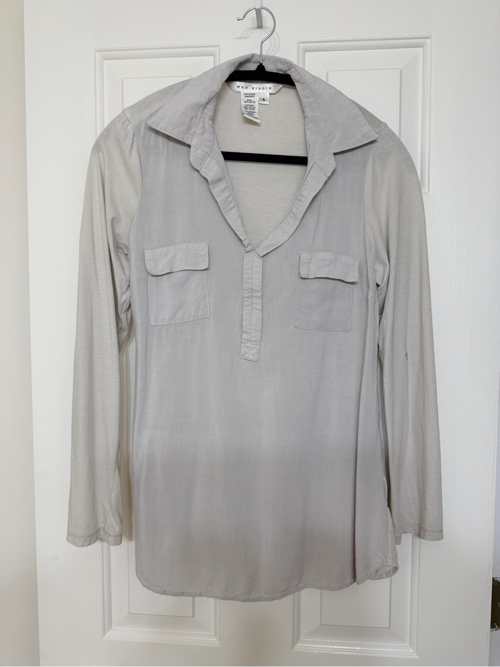 Max Studio Light Gray Long-Sleeve V-Neck Blouse